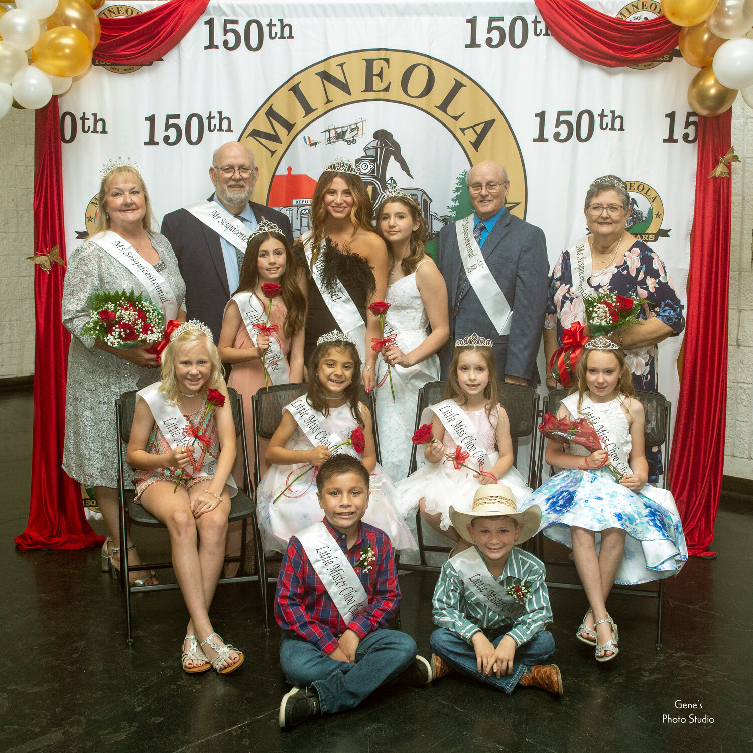 Contestants for the Mineola Sesquicentennial royal court which was crowned Saturday include, back from left, Martha Holmes, Gordon Tiner, Greenly Herrington, Valerie Moreland, Lillian Moreland, Sam Curry, Janell Abbott; seated, Aspyn Brown, Galilea Gonzalez, Lolo Clower, Tatum Hubbard; and on floor, Eli Calixto and Kyler Moore.